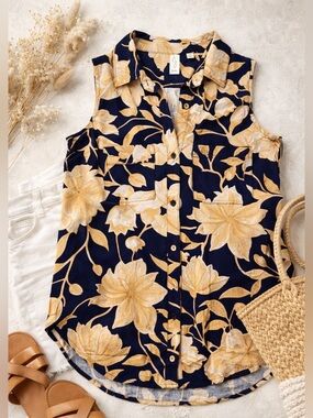 Joie Floral Sleeveless Blouse Linen Blend Navy Tan Button Front Size S